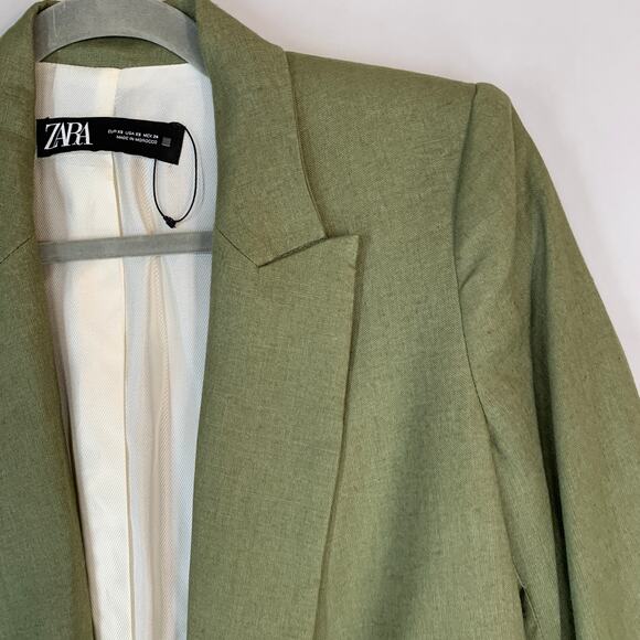 ZARA Linen Blend Blazer Women’s Size XS Olive Green Lightweight Workwear - Picture 3 of 9